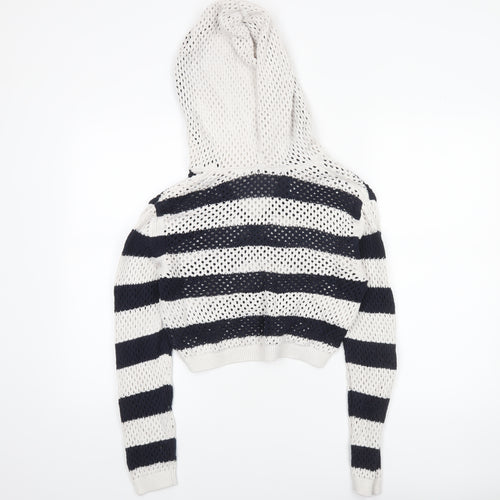 Zara Women’s Multicoloured Striped Open-Knit Hooded Pullover Jumper Size 12