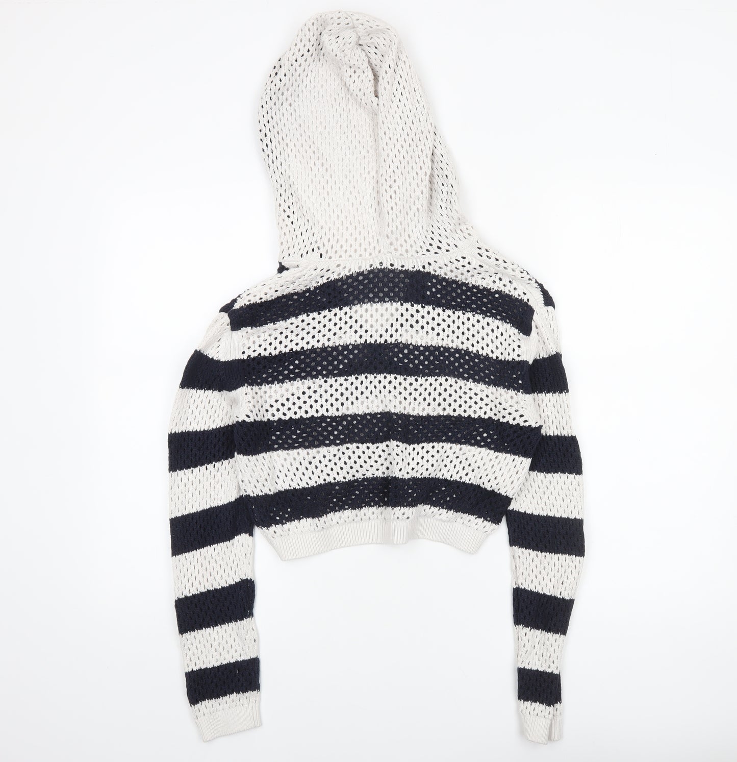 Zara Women’s Multicoloured Striped Open-Knit Hooded Pullover Jumper Size 12