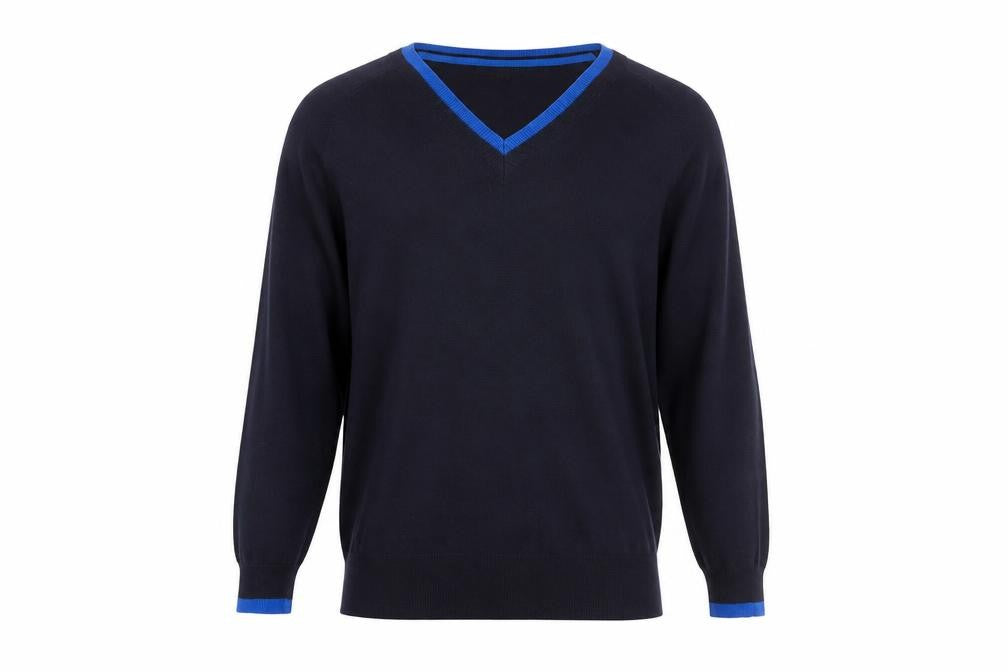 Front view of Next men’s blue v-neck lightweight knit jumper, size S