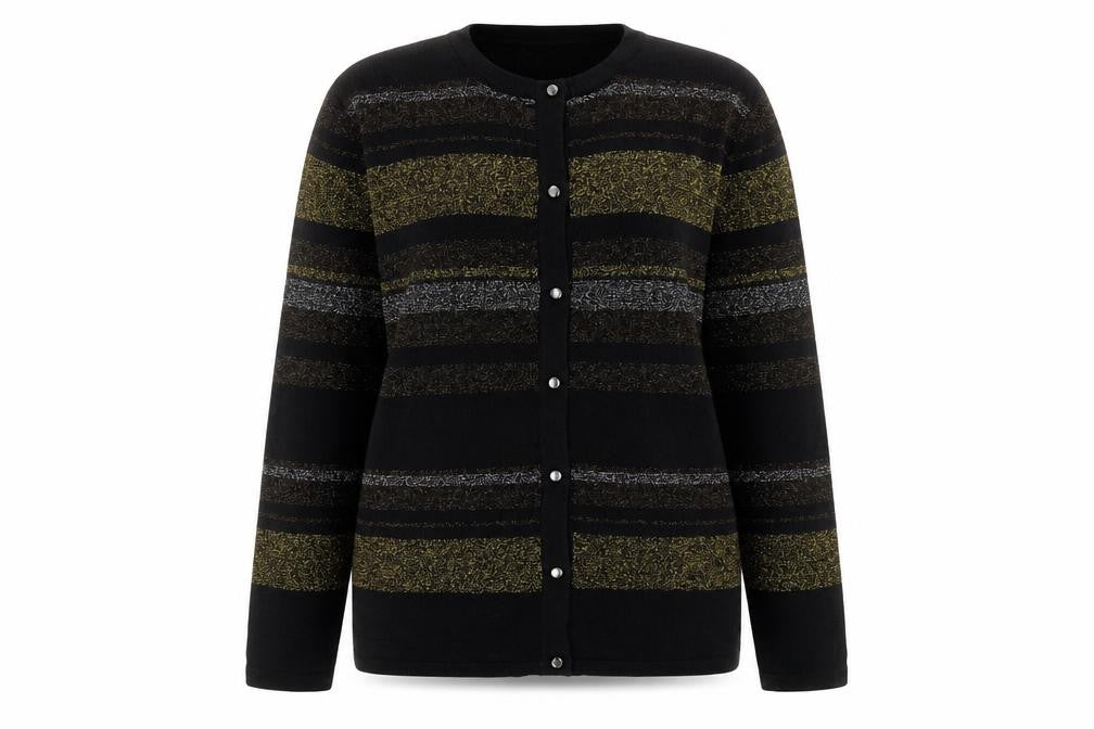 Front view of Milano Design Group Women's Black L Striped Glitter Cardigan