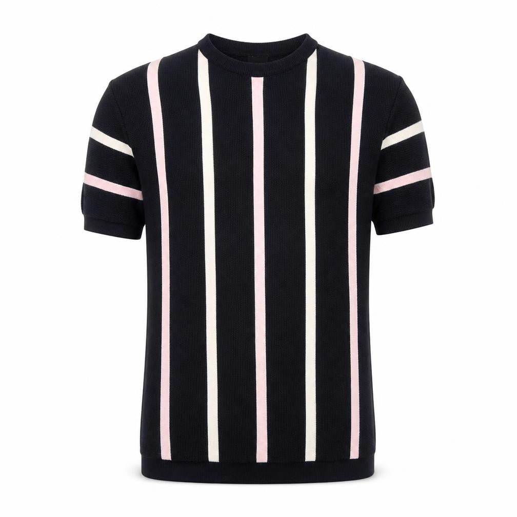 Front view of River Island Men’s Black Striped Short Sleeve jumper M