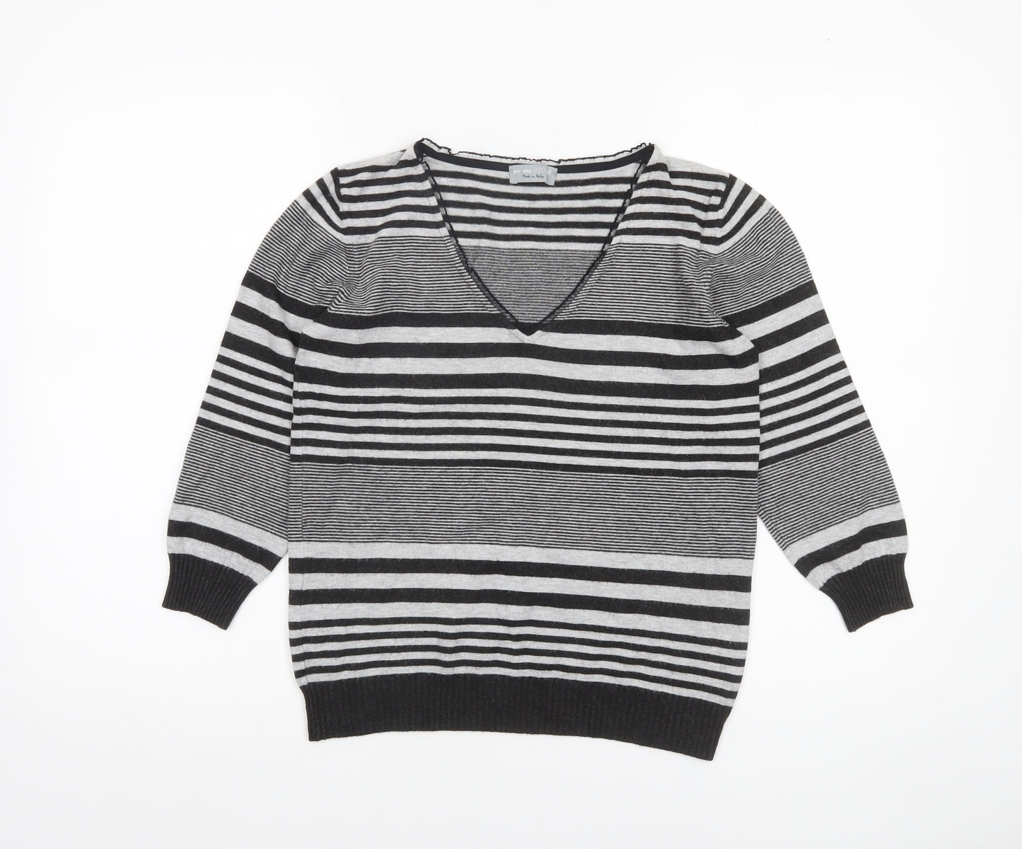 Marks and Spencer Per Una Women’s Black Striped V-Neck Knit Jumper Size 10