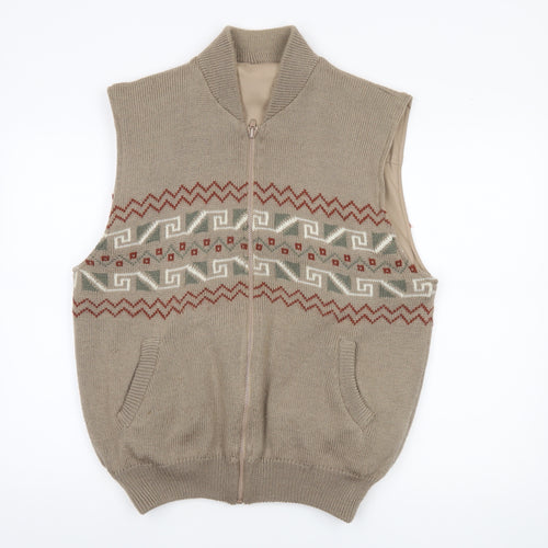 Gabicci Men's Beige Wool Blend Geometric Full Zip Vest XL