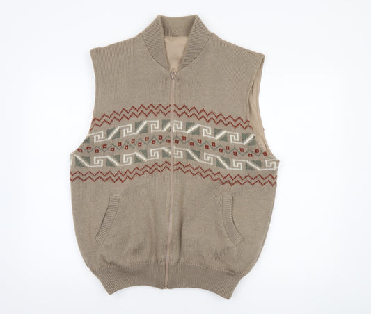 Gabicci Men's Beige Wool Blend Geometric Full Zip Vest XL