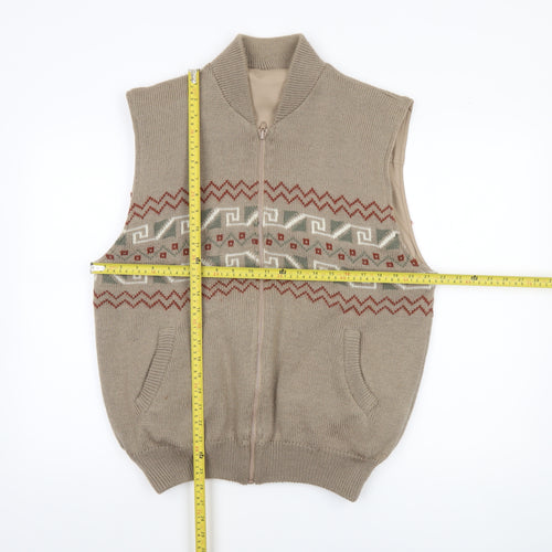 Gabicci Men's Beige Wool Blend Geometric Full Zip Vest XL