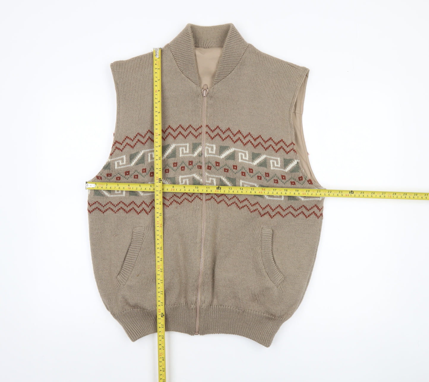 Gabicci Men's Beige Wool Blend Geometric Full Zip Vest XL