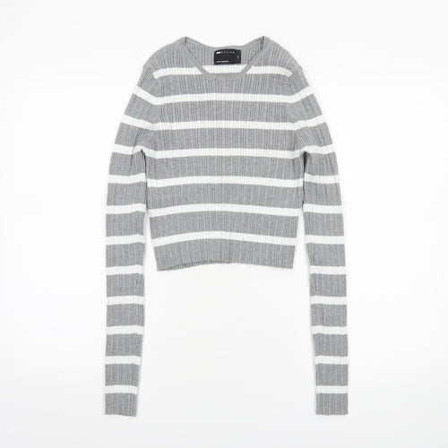 ASOS DESIGN Women’s Grey Striped Crew Neck Knit Jumper Size M 12-14
