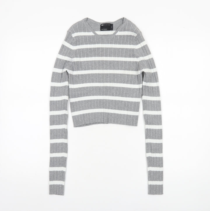 ASOS DESIGN Women’s Grey Striped Crew Neck Knit Jumper Size M 12-14
