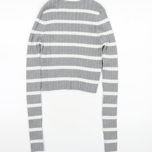 ASOS DESIGN Women’s Grey Striped Crew Neck Knit Jumper Size M 12-14