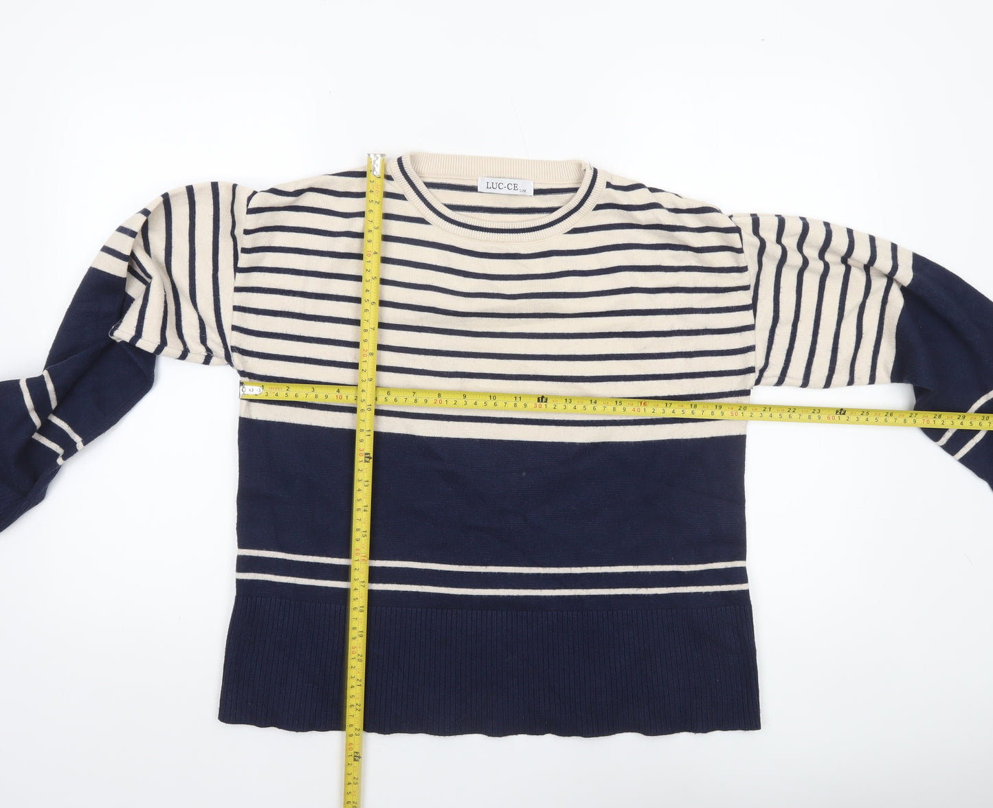 LUC-CE Women's Blue Striped Crew Neck Knit Jumper S