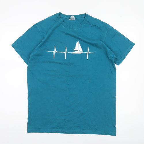 B&C Collection Men Blue Nautical Heartbeat Cotton T-Shirt L