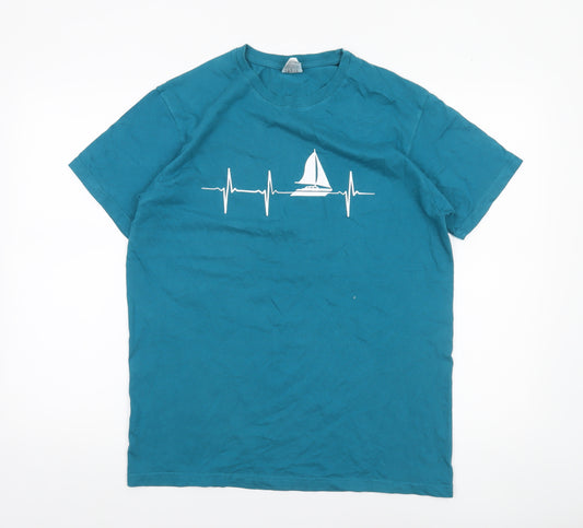 B&C Collection Men Blue Nautical Heartbeat Cotton T-Shirt L