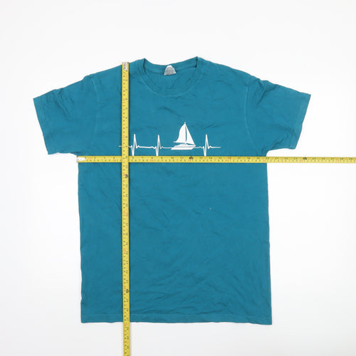 B&C Collection Men Blue Nautical Heartbeat Cotton T-Shirt L