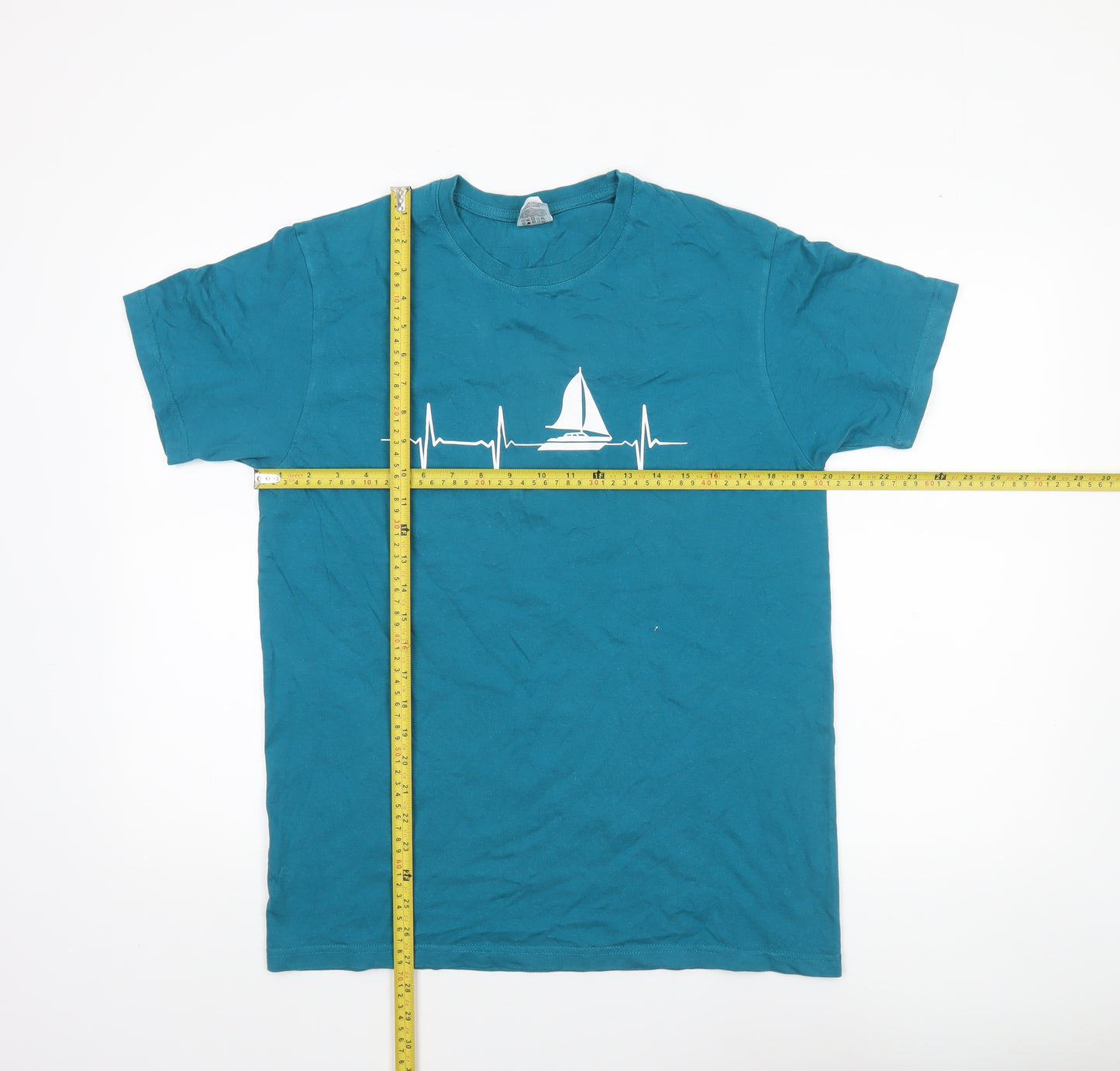 B&C Collection Men Blue Nautical Heartbeat Cotton T-Shirt L