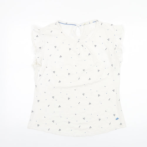 Trespass Women's White Floral Cotton Blouse UK 12 Short Sleeve Flutter Top