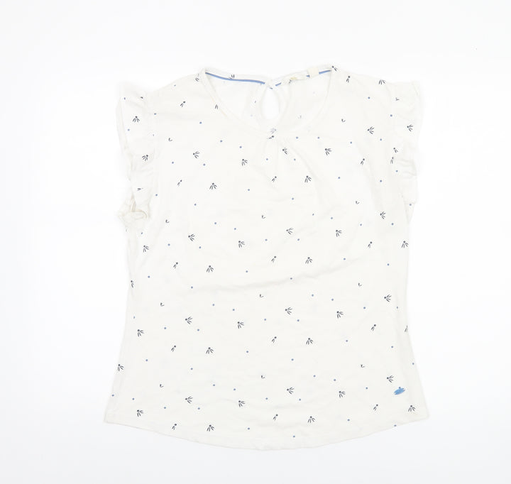 Trespass Women's White Floral Cotton Blouse UK 12 Short Sleeve Flutter Top