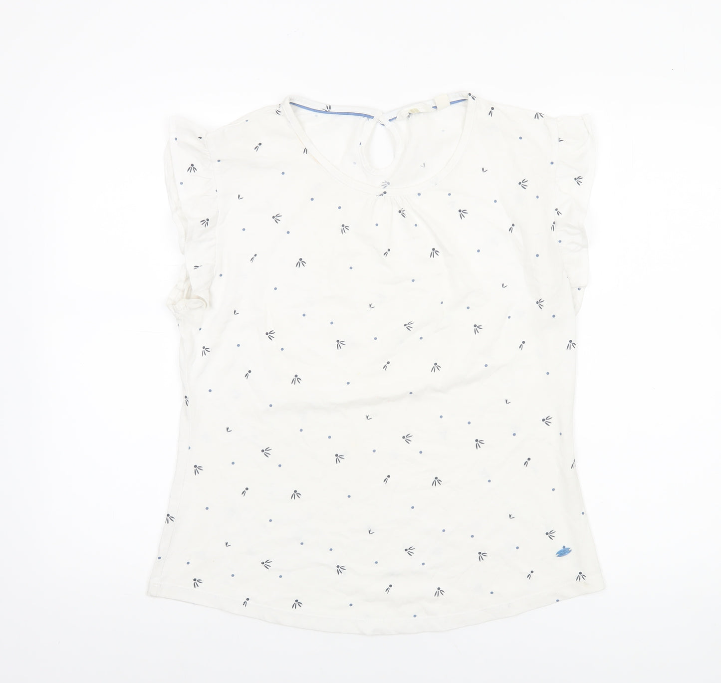 Trespass Women's White Floral Cotton Blouse UK 12 Short Sleeve Flutter Top