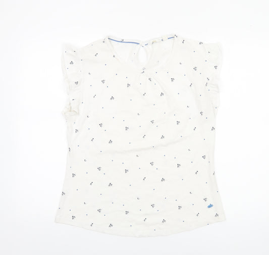 Trespass Women's White Floral Cotton Blouse UK 12 Short Sleeve Flutter Top
