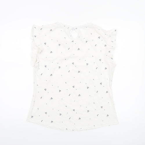 Trespass Women's White Floral Cotton Blouse UK 12 Short Sleeve Flutter Top