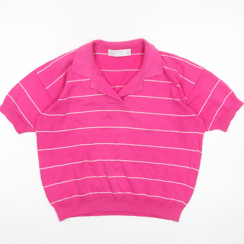 Marks and Spencer Women Pink Striped Cotton Collared Short Sleeve Jumper Size 12-14