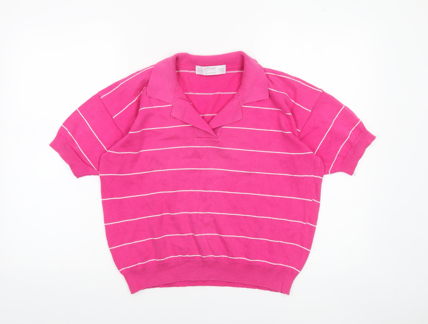 Marks and Spencer Women Pink Striped Cotton Collared Short Sleeve Jumper Size 12-14