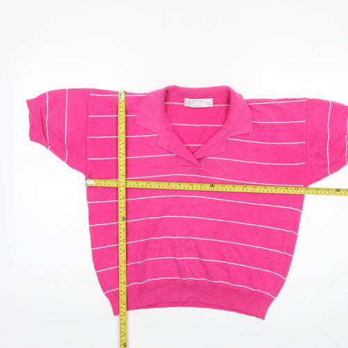 Marks and Spencer Women Pink Striped Cotton Collared Short Sleeve Jumper Size 12-14