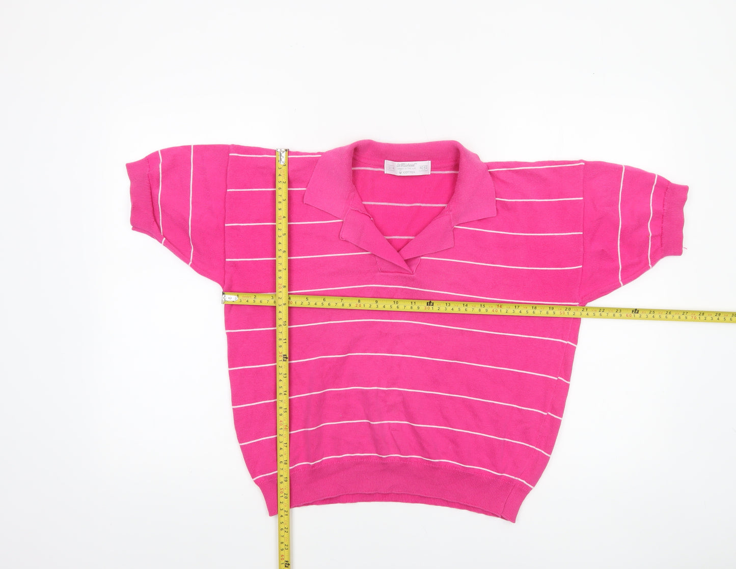 Marks and Spencer Women Pink Striped Cotton Collared Short Sleeve Jumper Size 12-14