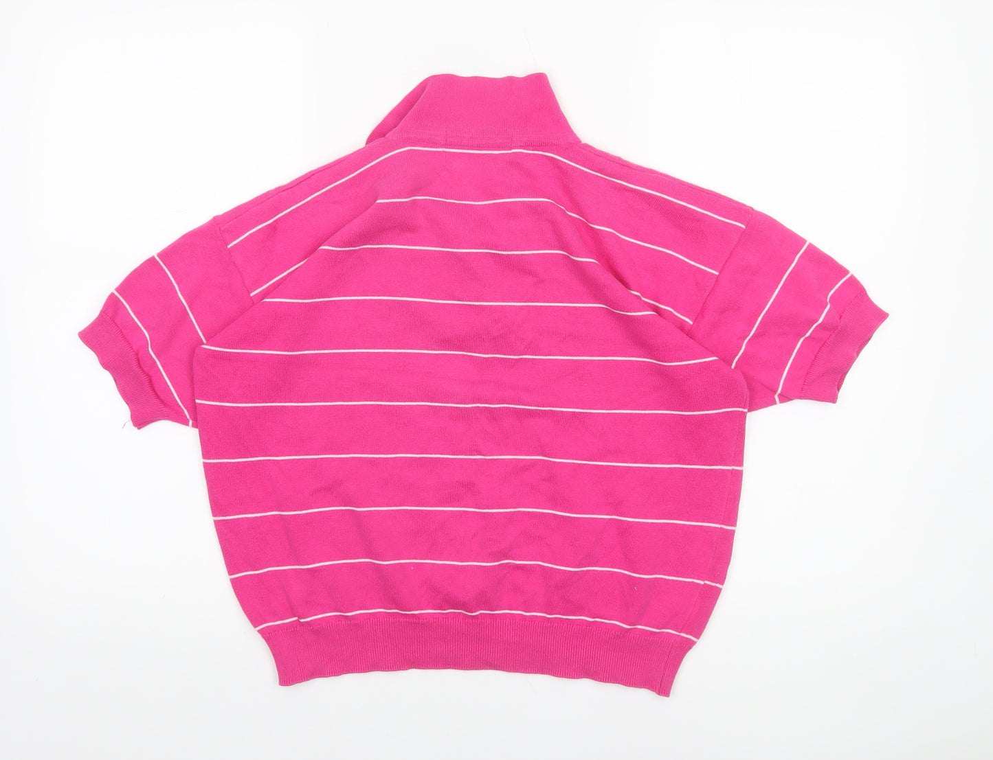 Marks and Spencer Women Pink Striped Cotton Collared Short Sleeve Jumper Size 12-14