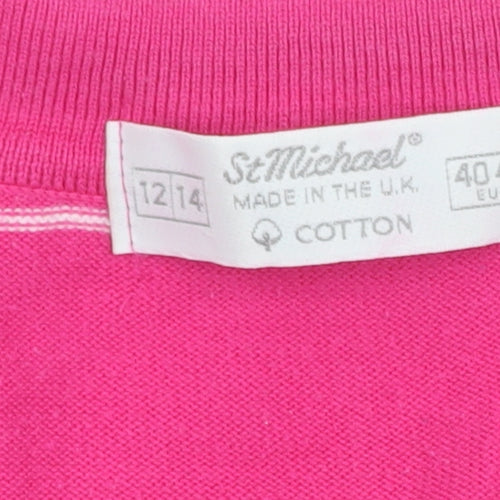 Marks and Spencer Women Pink Striped Cotton Collared Short Sleeve Jumper Size 12-14