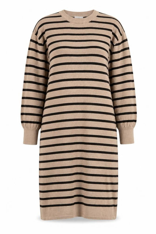 Front view of Kaffe Women Beige Black Stripe Knit Jumper Dress XL