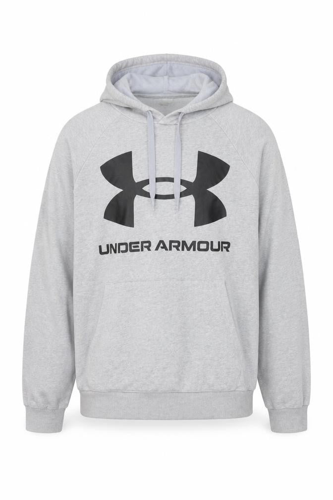 Front view of Under Armour Men's Grey Pullover Hoodie, size M, Relaxed Fit ColdGear