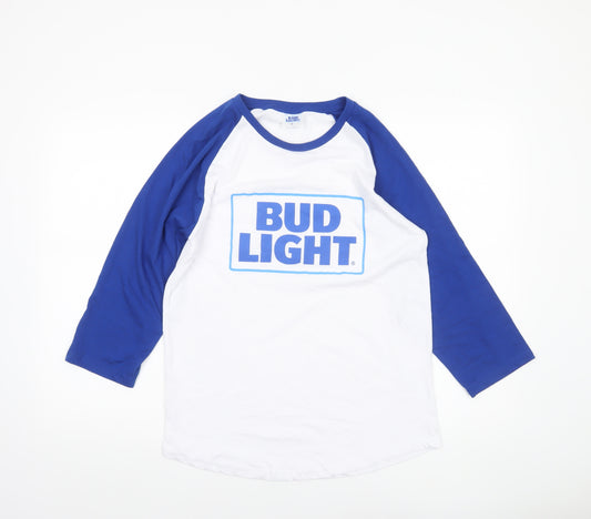 Bud Light Men’s White Blue 3/4 Sleeve Crew Neck Graphic T-Shirt Size L