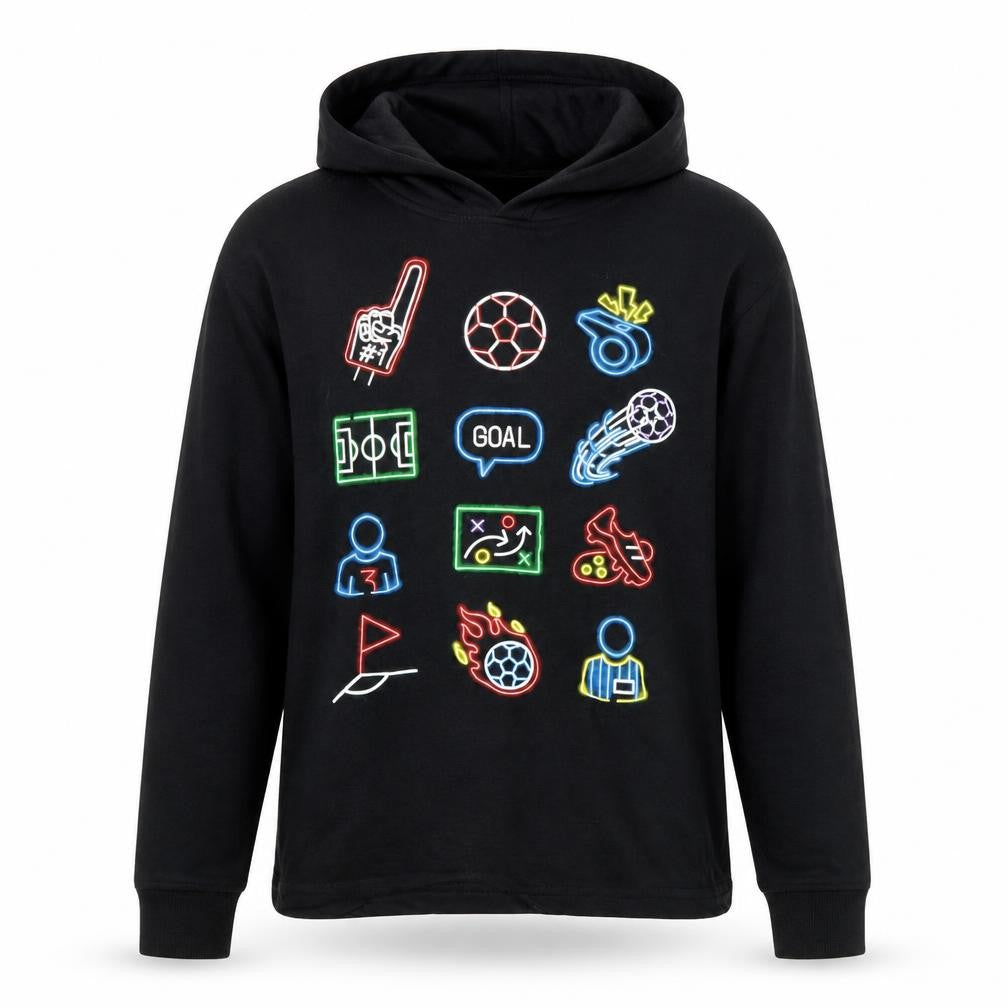 Front view of Next boys’ black pullover hoodie 11 years graphic sports design