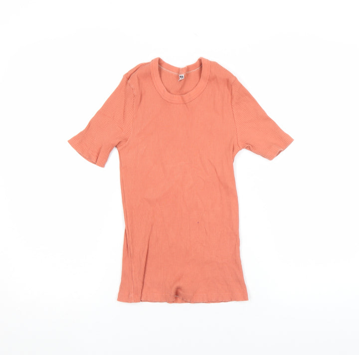 Zara Women Orange Ribbed Short Sleeve Slim Fit T-Shirt Size S