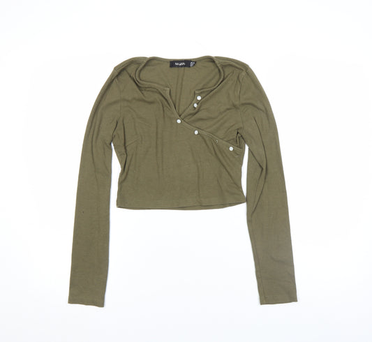 NAANAA Women’s Green Cropped Long Sleeve V-Neck Button T-Shirt Size 10