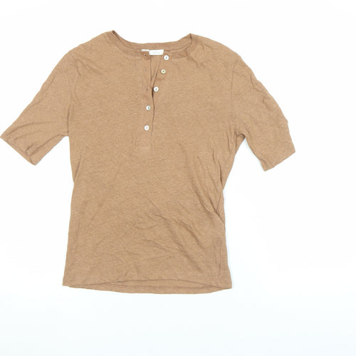 Zara Women Brown Linen Cotton Henley Button-Up Top Size M