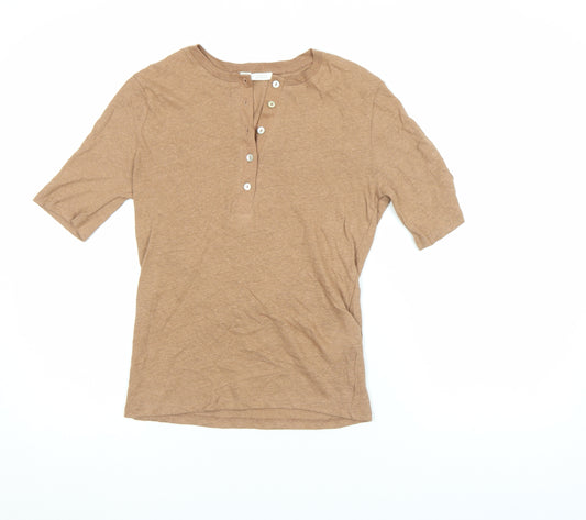 Zara Women Brown Linen Cotton Henley Button-Up Top Size M
