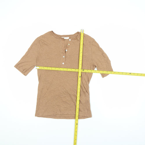 Zara Women Brown Linen Cotton Henley Button-Up Top Size M
