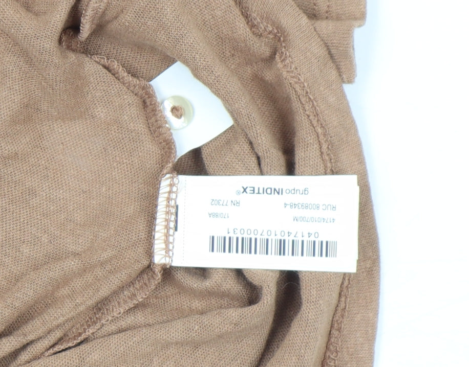Zara Women Brown Linen Cotton Henley Button-Up Top Size M