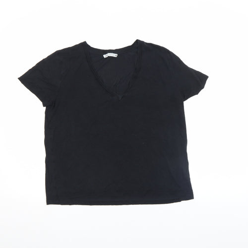 Zara Women’s Black V-Neck Basic Cotton Short Sleeve T-Shirt Size L