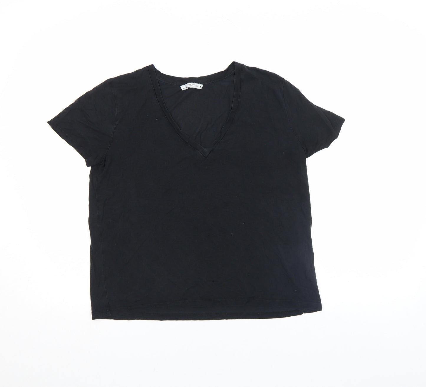 Zara Women’s Black V-Neck Basic Cotton Short Sleeve T-Shirt Size L