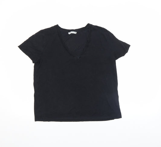 Zara Women’s Black V-Neck Basic Cotton Short Sleeve T-Shirt Size L