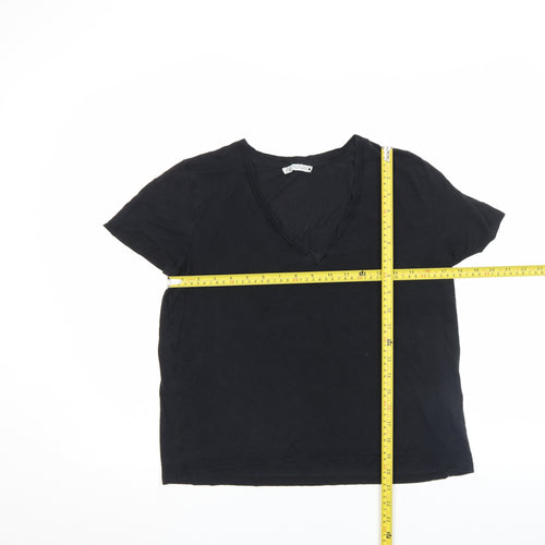 Zara Women’s Black V-Neck Basic Cotton Short Sleeve T-Shirt Size L
