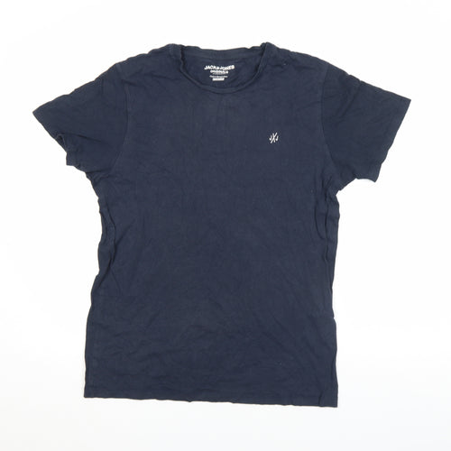 Jack & Jones Men's Blue Regular Fit Cotton Crew Neck T-Shirt Size M