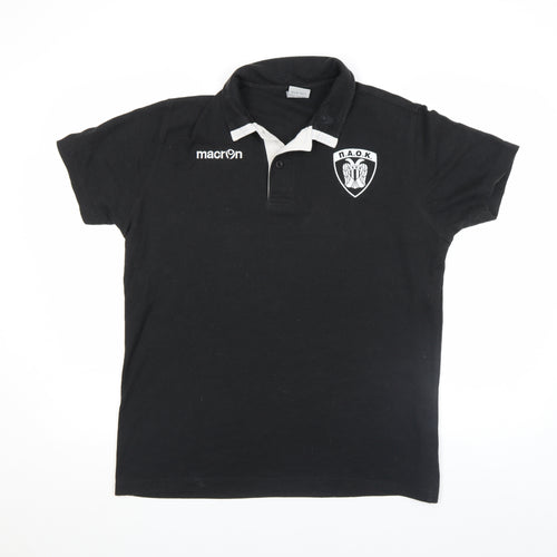 Macron Mens Black PAOK Sports Polo Shirt L Football Cotton Blend