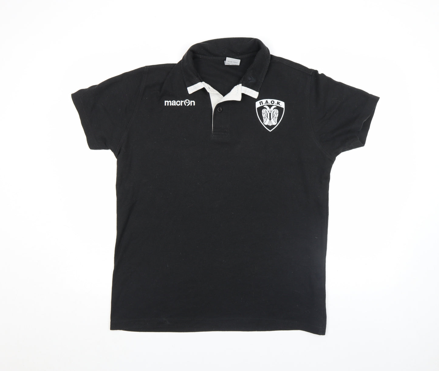 Macron Mens Black PAOK Sports Polo Shirt L Football Cotton Blend