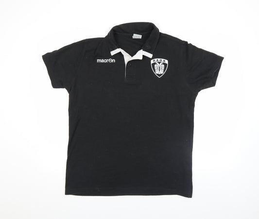 Macron Mens Black PAOK Sports Polo Shirt L Football Cotton Blend