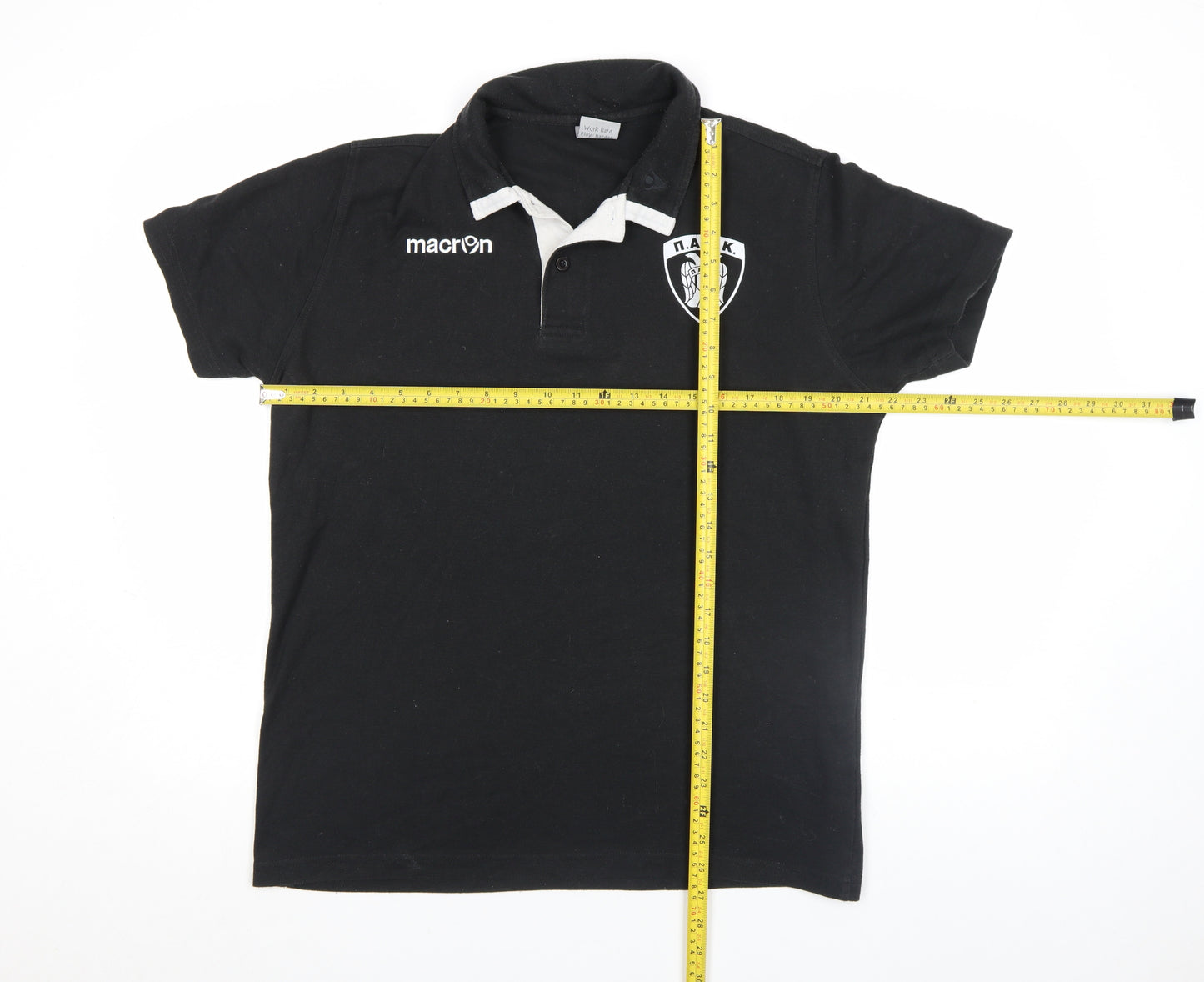 Macron Mens Black PAOK Sports Polo Shirt L Football Cotton Blend