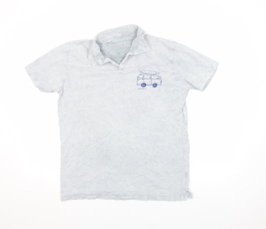 Finestra Men’s Grey Acid Wash Polo Shirt L Surf Van Print Casual Top