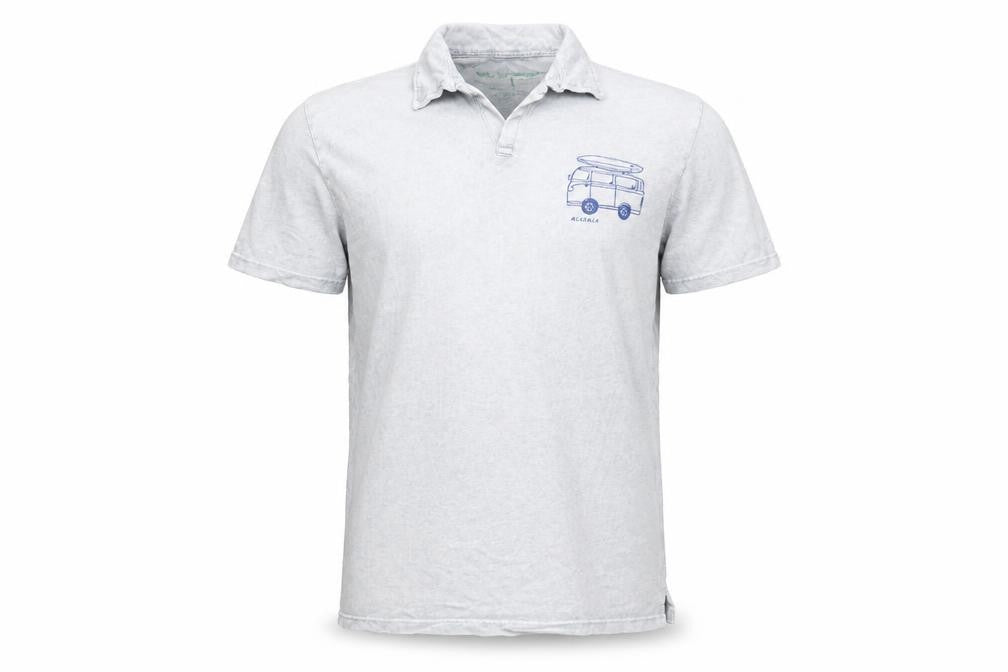 Finestra Men’s Grey Acid Wash Polo Shirt L Surf Van Print Casual Top
